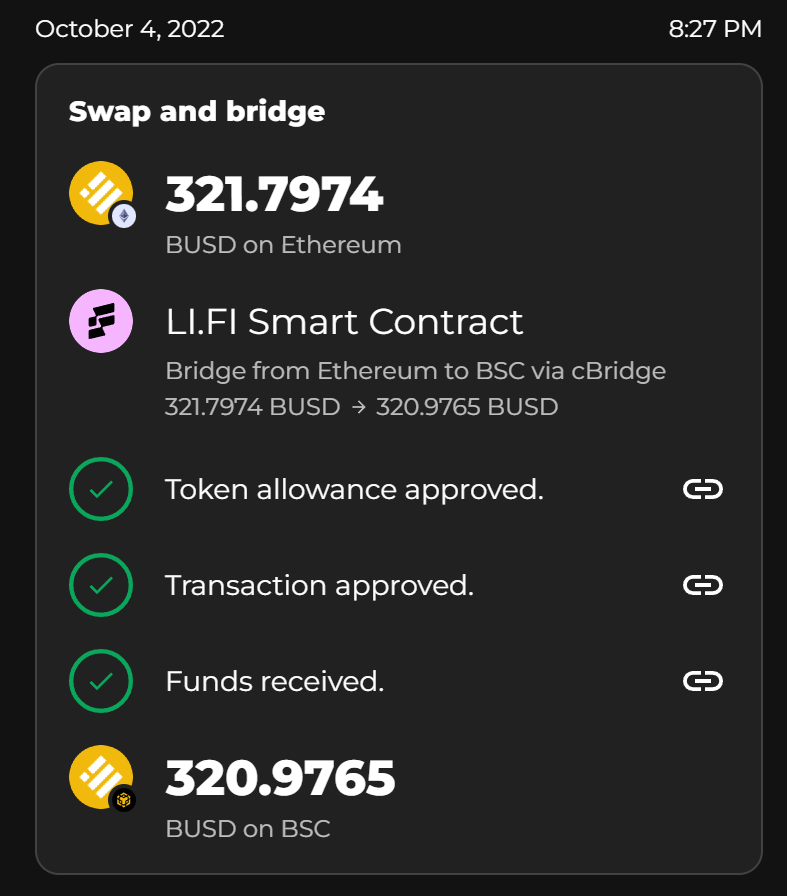 trialsincrypto's tweet photo. Used @VaporDex bridge this evening. 

Stupidly sent BUSD from Coinbase to ETH network and not BNB network.  Last time I did this I used a couple of bridge sites and it cost me about $15-20 in fees. 

Vapordex cost me $0.82 and took about 15mins to complete.  Great product! https://t.co/5HKXHO3SHw