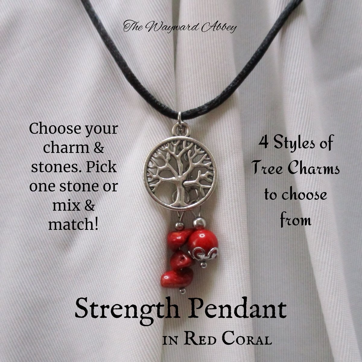 Strength Pendant
Here with Style A and Red Coral

Your choice of pendant &amp; stones hang from a black satin cord. The round bead is a steel bead cap &amp; is accented with steel beads. The chips are also accented with steel beads.

On Etsy:
etsy.com/listing/120723… 

~Blessings~Courtney