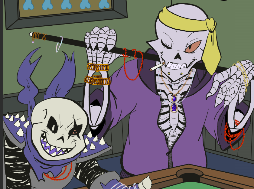 My piece for the fabulous <a href="/BoneBros2022/">To The Bone - Undertale Fanzine</a> zine! Two pool sharks inviting you to play! It's no fun with no skin in the game, but since neither of the Swapfell brother's have any, yours will have to do. C:

Bonus: Flats of the boys!