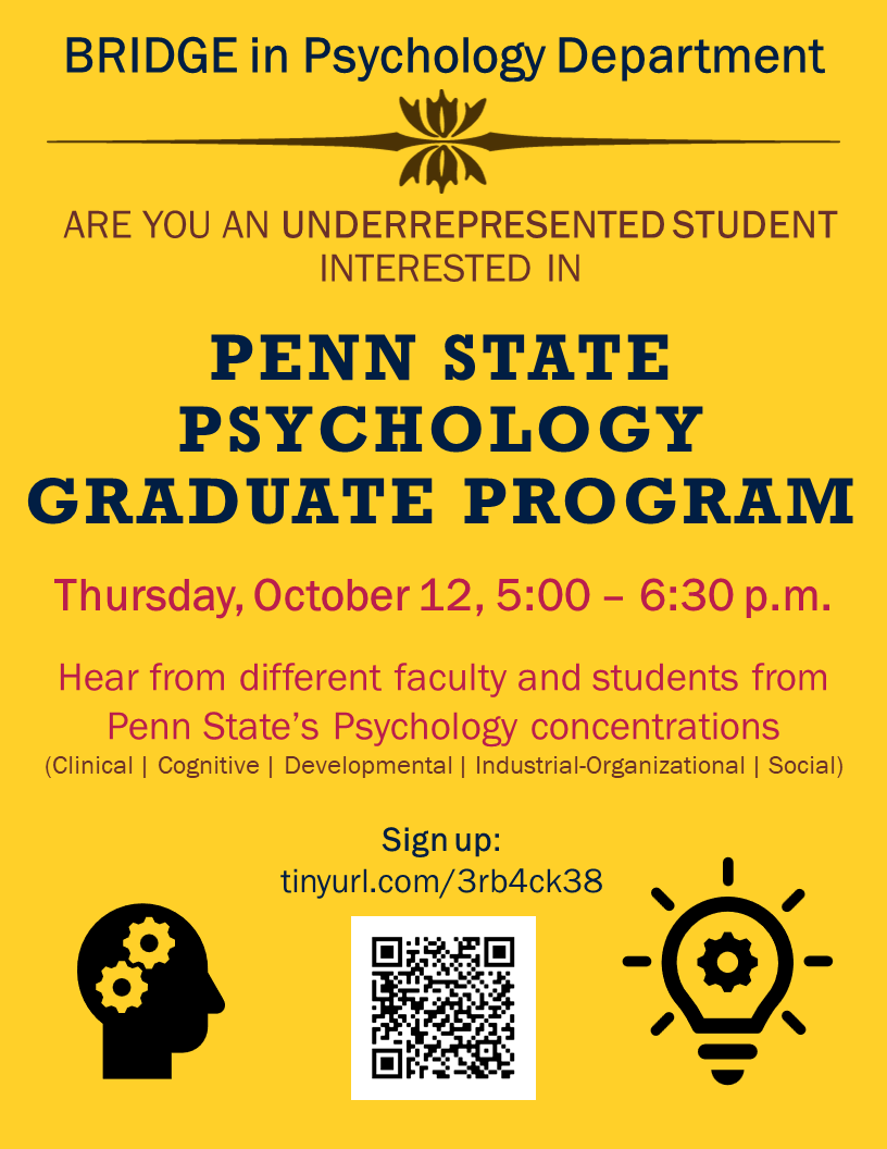 bridgepennstate's tweet photo. Are you an underrepresented student interested in Penn State's psychology program? Or know someone who would be? Feel free to RT and share the sign up link with any of your students! We would love to see them there next week!

Sign up: https://t.co/wlauMoUFjN

T-7 days! https://t.co/QBPIJJGW93