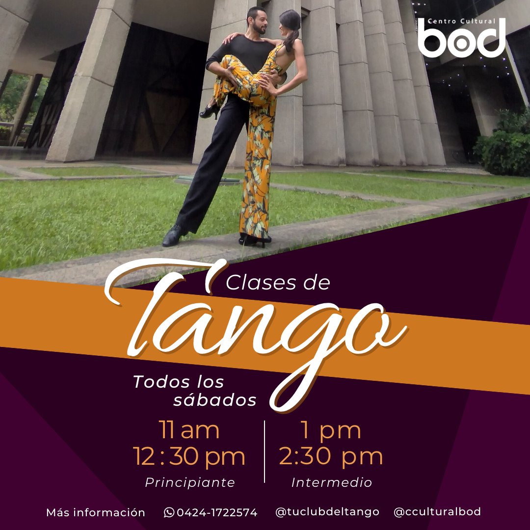 #ClaseDeTango... ¡Ven y aprende a bailar tango en el Centro Cultural BOD! Sábados 10:30 a.m. a 12:30 p.m. Principiantes 1:30 p.m. a 2:30 p.m. Nivel Intermedio Más información solo por WhatsApp a través de los teléfonos: 0424 - 172.25.74