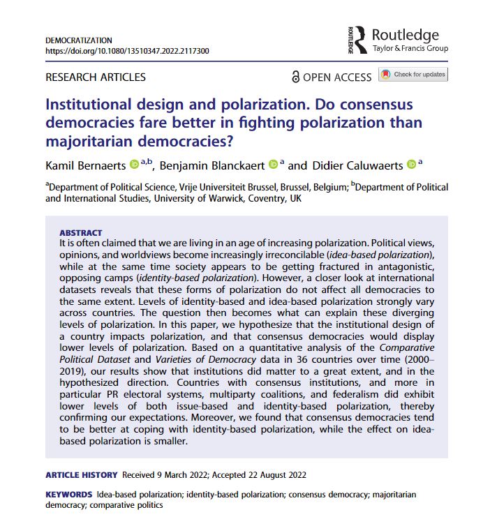 Democratization (@democ_journal) on Twitter photo Countries with consensus institutions (in particular PR electoral systems, multiparty coalitions, and federalism) exhibit lower levels of both issue-based and identity-based #polarization, find <a href="/bernaerts_kamil/">Kamil Bernaerts 🦋 @kamilbernaerts.bsky.social</a> @BenjaminBlanck3 & Didier Caluwaerts. tandfonline.com/doi/full/10.10… Countries with consensus institutions (in particular PR electoral systems, multiparty coalitions, and federalism) exhibit lower levels of both issue-based and identity-based #polarization, find <a href="/bernaerts_kamil/">Kamil Bernaerts 🦋 @kamilbernaerts.bsky.social</a> @BenjaminBlanck3 & Didier Caluwaerts. tandfonline.com/doi/full/10.10…