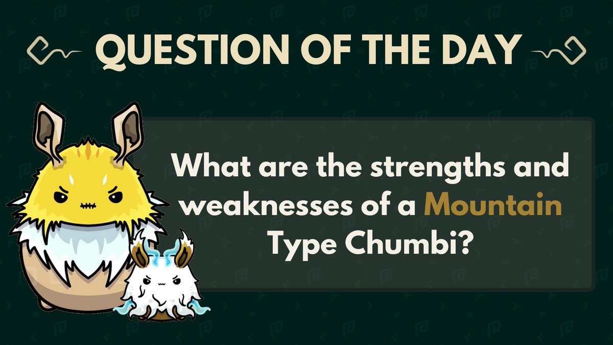 It's time for the Chumbi Valley Question of the day!
 
Please make sure to ❤️, RT and comment your answer with hashtags #SeedChumbi
#ChumbiValley
and post the proof (screenshot) to our discord for some Chumble coins!

#NFTgames #SeedChumbi #Chumbi #NFT #nftgame #PlayAndEarn
