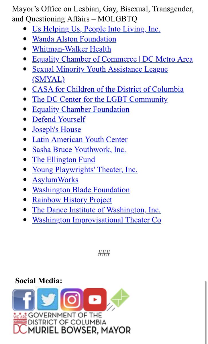 Mayor’s Office of LGBTQ Affairs #DistrictofPride (@dclgbtq) on Twitter photo On behalf of <a href="/MayorBowser/">Mayor Muriel Bowser</a>, we are proud to announce our #LGBTQIA Grant awardees!
This HISTORIC investment of $500k in FY23 will fund #LGBTQ+ programs that make our community healthier, provide more stable jobs, & create safe spaces to learn, live, & express themselves & more! On behalf of <a href="/MayorBowser/">Mayor Muriel Bowser</a>, we are proud to announce our #LGBTQIA Grant awardees!
This HISTORIC investment of $500k in FY23 will fund #LGBTQ+ programs that make our community healthier, provide more stable jobs, & create safe spaces to learn, live, & express themselves & more!