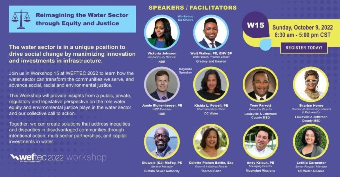 Attending WEFTEC? Join us for an immersive experience to reimagine the water sector through equity and justice. Sign up for Workshop 15. Limited number of seats remaining!!