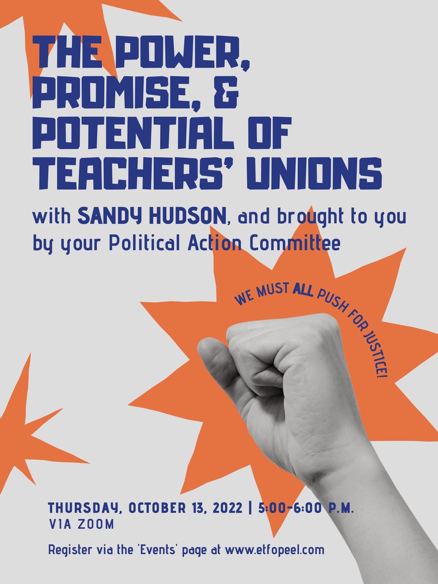 .@ETFOPEEL MEMBERS!

Join your PAC &amp; unionist/activist/scholar/podcaster @Sandela for this convo next Thursday: The Power, Promise, &amp; Potential of Teachers’ Unions ✊🏽🍎

October 13, 2022 / 5:00 to 6:00 p.m. / Zoom

RSVP: etfopeel.com/event/the-powe…

#ETFO #OntEd #OnLab <a href="/NSB_Speakers/">NSB</a>
