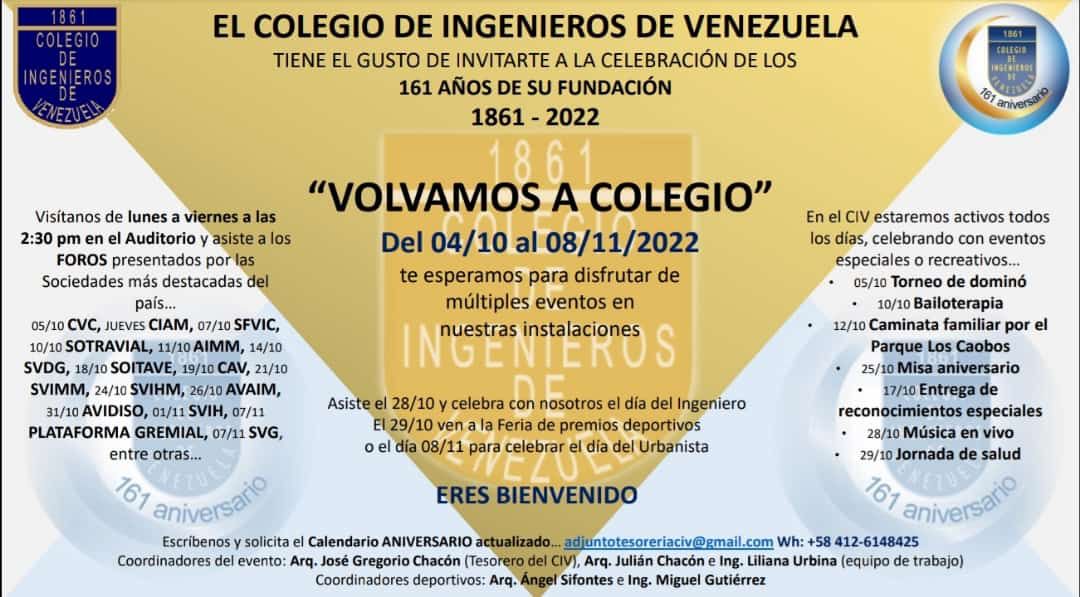 CIVoficial's tweet photo. Con eventos especiales el Colegio de Ingenieros de Venezuela estará conmemorando el 161 Aniversario de su fundación este mes de octubre. Extendemos una cordial invitación a los agremiados y amigos a que nos acompañen en el ciclo de conferencias y actos deportivos programados. https://t.co/0wGByN943Q
