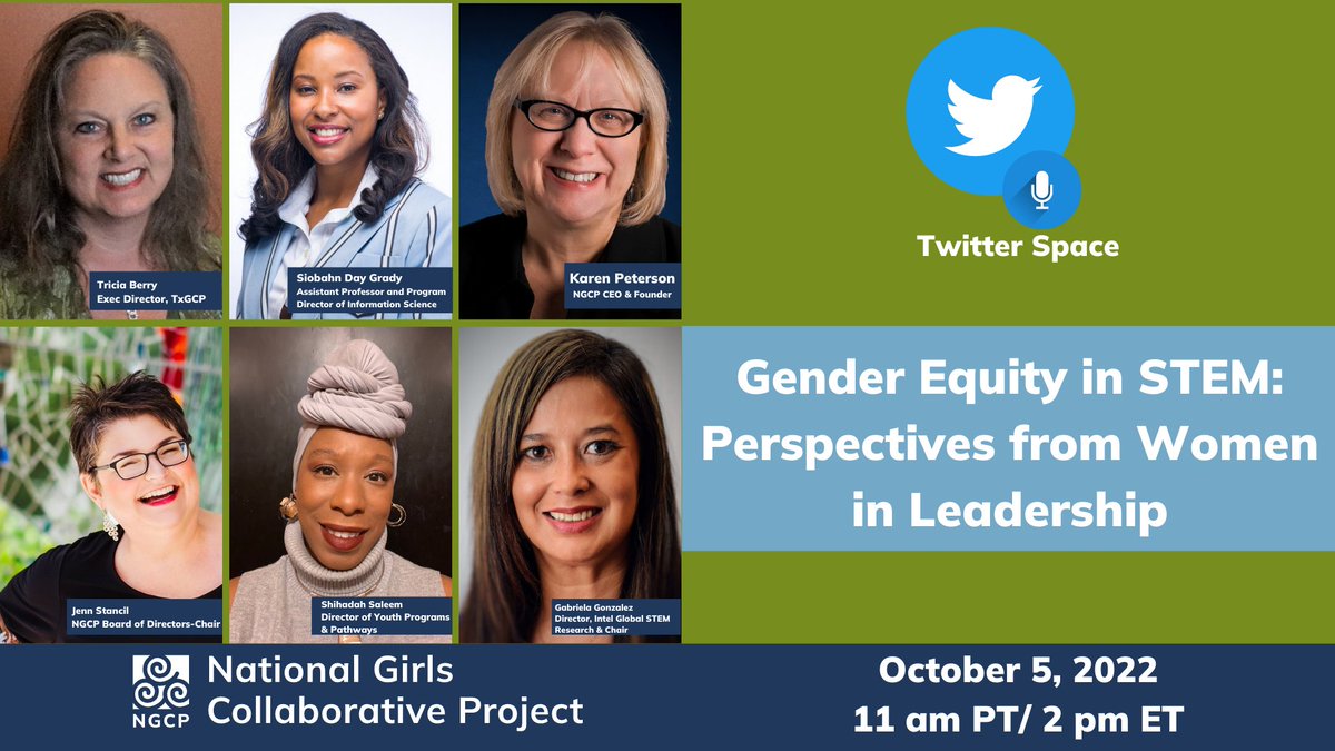 Excited to join the @ngcproject #TwitterSpace with diverse women in leadership and hear about their #STEM experiences and perspectives on #GenderEquity in STEM. Tune in tomorrow! #GirlsLeadSTEM