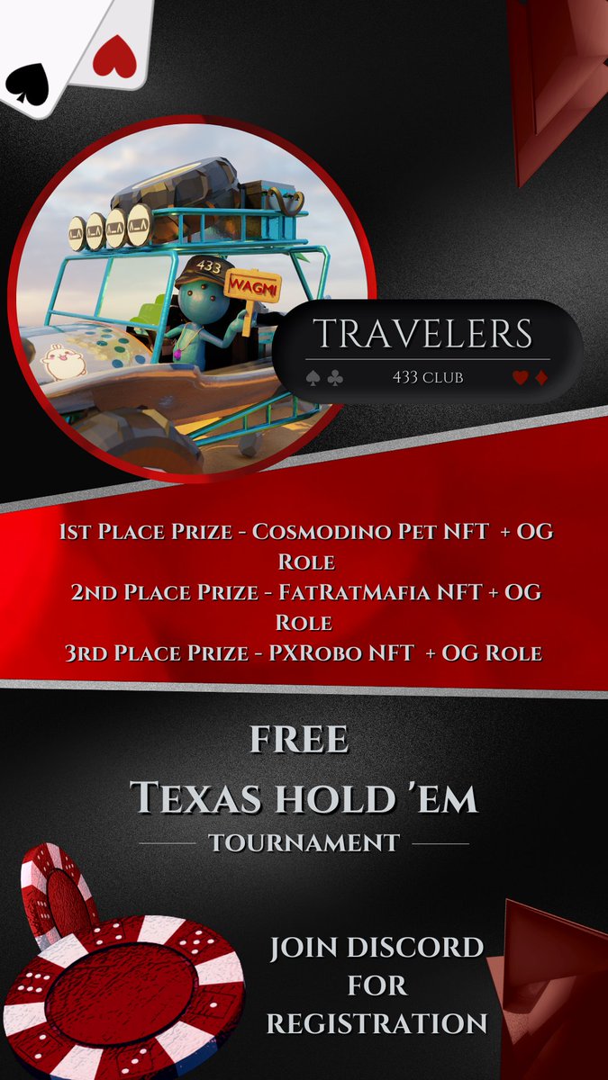 tr4v3l3rs's tweet photo. 2nd Travelers #PokerGame 🎰

7th October, BE READY🔥
🃏9:30 P.M. (GMT-5) 

1st Prize - @Cosmodinos  Pet NFT  + OG Role
2nd Prize - @fatratmafia  NFT + OG Role 
3rd Prize - @pxRobos  NFT  + OG Role 

Save the date, registration link on discord👇
https://t.co/YPl7l4Mme9 https://t.co/KohXnpoRJX