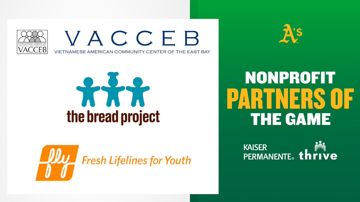 Athletics (@athletics) on Twitter photo Tonight's Nonprofit Partners of the Game are The Bread Project, Fresh Lifelines for Youth, and Vietnamese Community Center of the East Bay!
<a href="/kpnorcal/">KPNorthernCal</a> | #DrumTogether Tonight's Nonprofit Partners of the Game are The Bread Project, Fresh Lifelines for Youth, and Vietnamese Community Center of the East Bay!
<a href="/kpnorcal/">KPNorthernCal</a> | #DrumTogether