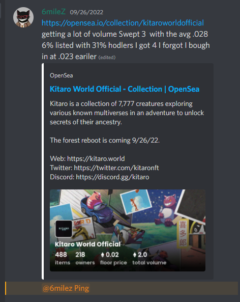 TridentNFT's tweet photo. Patience is key 🙏🚀 Great call by @x6MileZ 
Get in here! https://t.co/xcUotxXuHQ

Kitaro 0.028➡️0.66 (23x)
Spirit Gates 0.08➡️0.24 (3x) https://t.co/kW2A2gVK8c