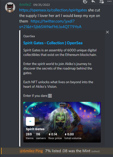 TridentNFT's tweet photo. Patience is key 🙏🚀 Great call by @x6MileZ 
Get in here! https://t.co/xcUotxXuHQ

Kitaro 0.028➡️0.66 (23x)
Spirit Gates 0.08➡️0.24 (3x) https://t.co/kW2A2gVK8c