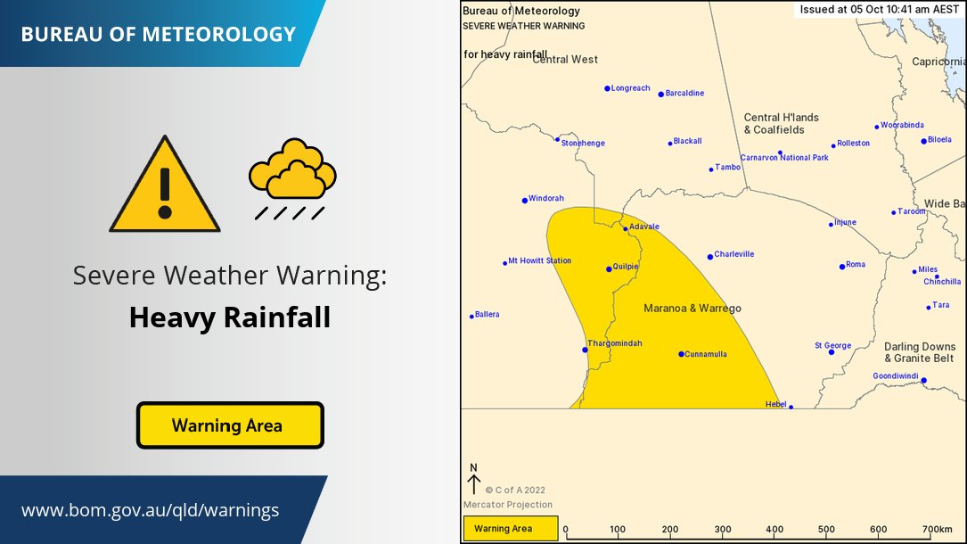 BOM_Qld's tweet photo. ⚠️⛈️ Severe Weather Warning Update: Heavy rainfall which may lead to flash flooding possible for southwest #QLD. Location now includes #Cunnamulla #Quilpie #Hungerford #Adavale #Barringun #Wyandra.
Warnings: https://t.co/g64Qw35ovs
Road closures: https://t.co/PNRpnY1nkM
@QldFES https://t.co/scF0pts8G6