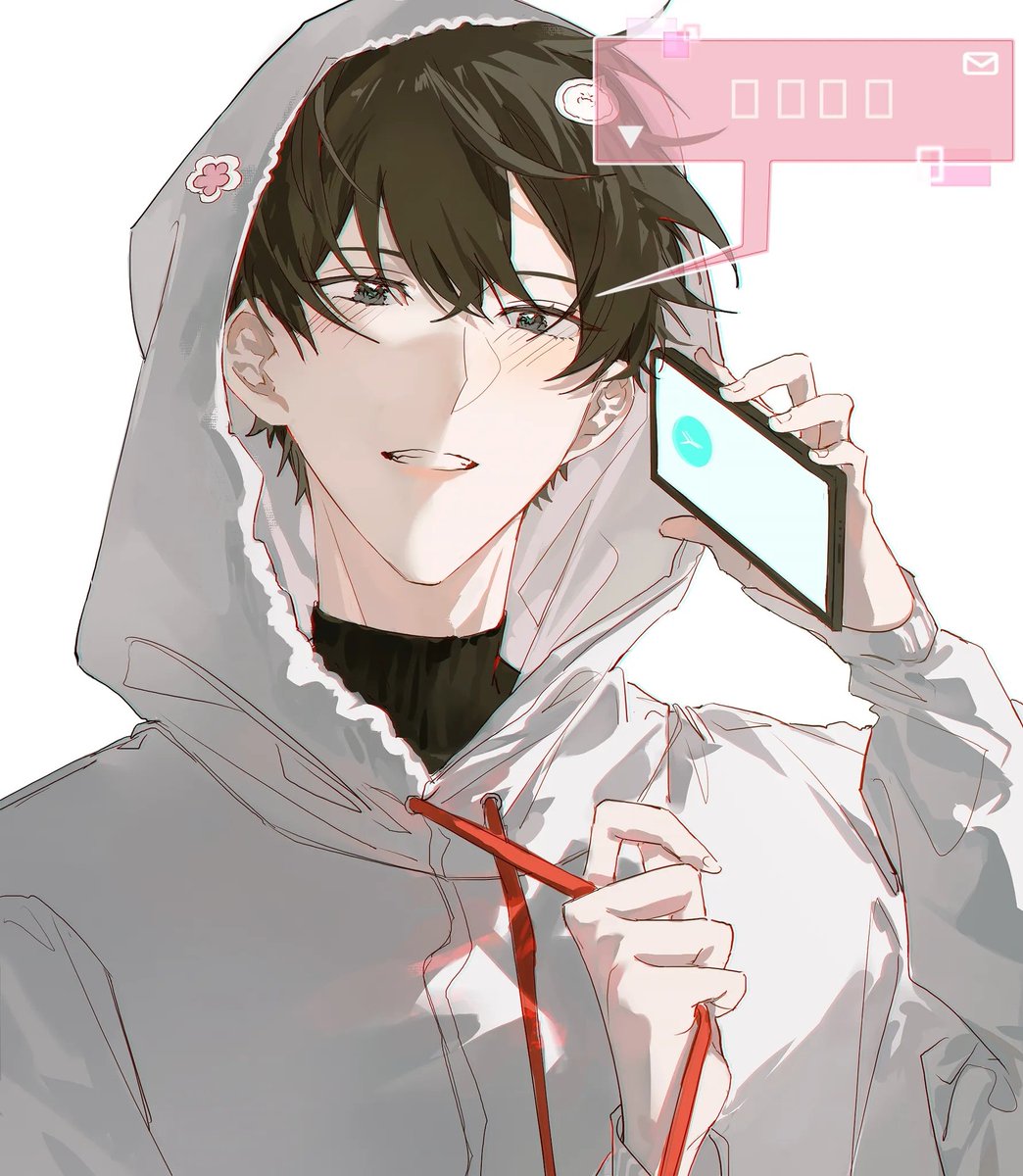 1boy male focus hood phone solo holding holding phone  illustration images