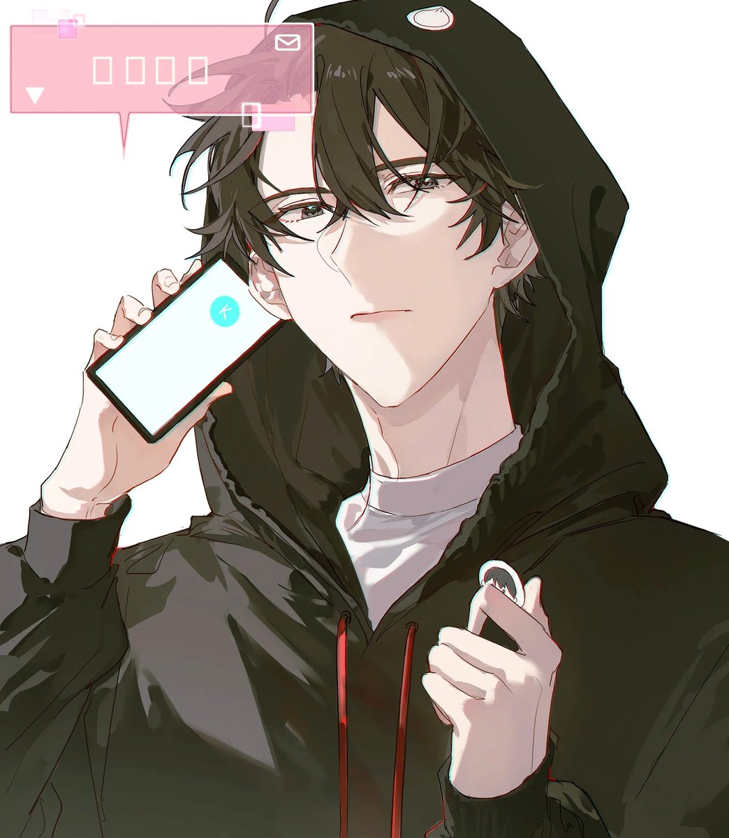 1boy male focus hood phone solo holding holding phone  illustration images