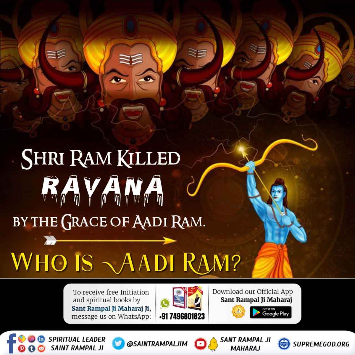 #आदिराम_का_संदेश
Shri Ram killed Ravana by the grace of aadi ram. Who is Aadi Ram?? 
- Sant Rampal ji Maharaj🙏