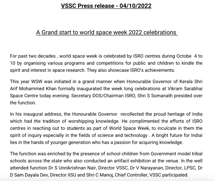isro's tweet photo. The Honourable Governor of Kerala Shri Arif Mohammed Khan complimented ISRO centres for reaching out to students to inculcate in them the spirit of inquiry, especially in S&amp;T while inaugurating World Space Week-2022 celebrations at VSSC/ISRO, Thiruvananthapuram yesterday evening https://t.co/SJALH3OWhO