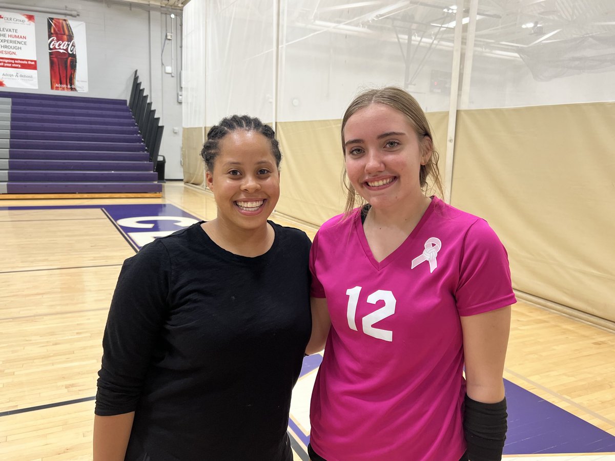 SunNFun68's tweet photo. The past meets the present!  Alumni Nia Brown was the record holder for Ace Serves in a Season meets Sophomore Grace Lewis who is now the current record holder. #NWVolleyball #Records #AceServes https://t.co/yv1972nQrg