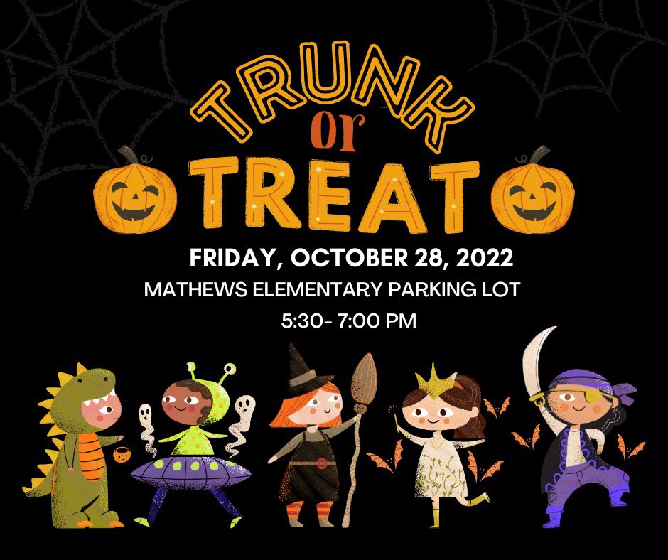 SAVE THE DATE!! Trunk or Treat is Friday 10/28 from 5:30-7:00pm in the Mathews parking lot 🧡🖤🕷️🍬🍭🍫🎃👻