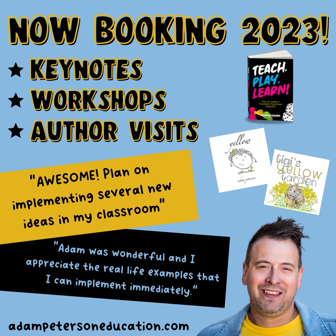 AdamPetersonEdu's tweet image. Ready for the #bestdayever when it comes to PD??? Book me for a keynote, workshop, author visit, or all of the above! Email adampetersoneducation@gmail.com today! @dbc_inc 
#teachplaylearn #dbcincbooks