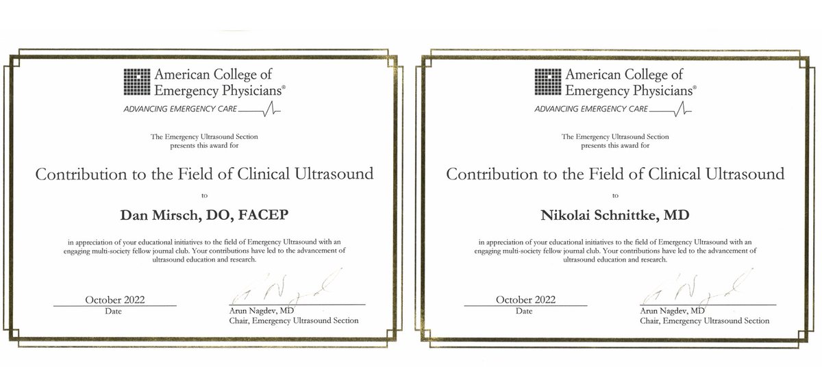 ACEP_EUS's tweet photo. 7/
Congrats to @MGottliebMD, @EMSonoMama, @NMDuggaNMD, @DanMirsch, @schnittkUSound, @SLWerner_EM, & Dr. Monika Lusiak on their Contribution to the Field of Clinical Ultrasound Award for their engaging collaborative #ACEPeus/@SAEMAEUS Ultrasound Journal Club! https://t.co/efDq4dXxey