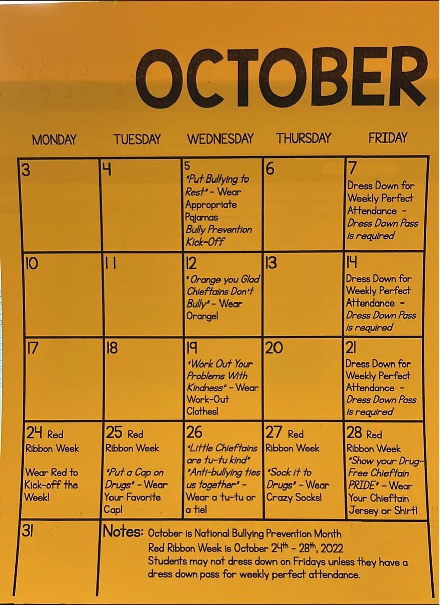 OkolonaE's tweet image. October Calendar with Upcoming Events:

*Bullying Prevention month 🧡
*Perfect Attendance incentives 
*Red Ribbon Week    

#oesistheplacetobe #steptosuccess
#chieftainpride #WildAboutLearning #bettertogether