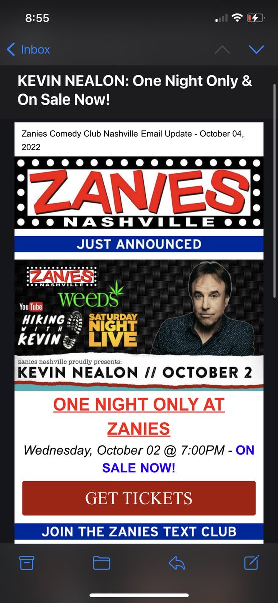 MichaelOMell's tweet photo. @kevin_nealon  Ya might wanna have your guy call their guy. November 2….. just missed it by a month. #Nashville #Zanies https://t.co/bukZd8K7Zi