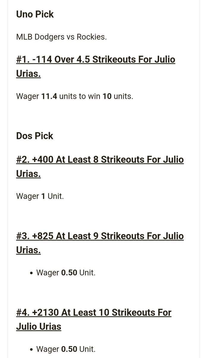 A_ZY25's tweet photo. Uno Pick #Freealways

MLB Dodgers vs Rockies.

#1. -114 Over 4.5 Strikeouts For Julio Urias.

Wager 11.4 units to win 10 units.

#GamblingTwitter #Gematria #Decode #Matrix #Simulation https://t.co/n0KW0rIt47