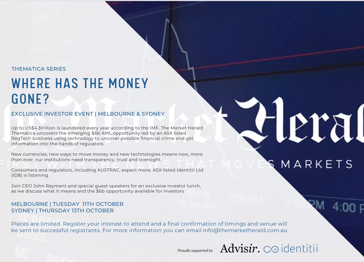 Advisir_'s tweet photo. Thematica Investor lunch series comes to MEL Oct 11 &amp; SYD Oct 13 | "Where has the money gone?" Join @identitii CEO John Rayment &amp; guest speakers as we discuss what it means &amp; the $6b opportunity available for investors. Register to attend ⬇️ $ID8
https://t.co/KQHrEWD1AJ https://t.co/8Zuygk1AVa