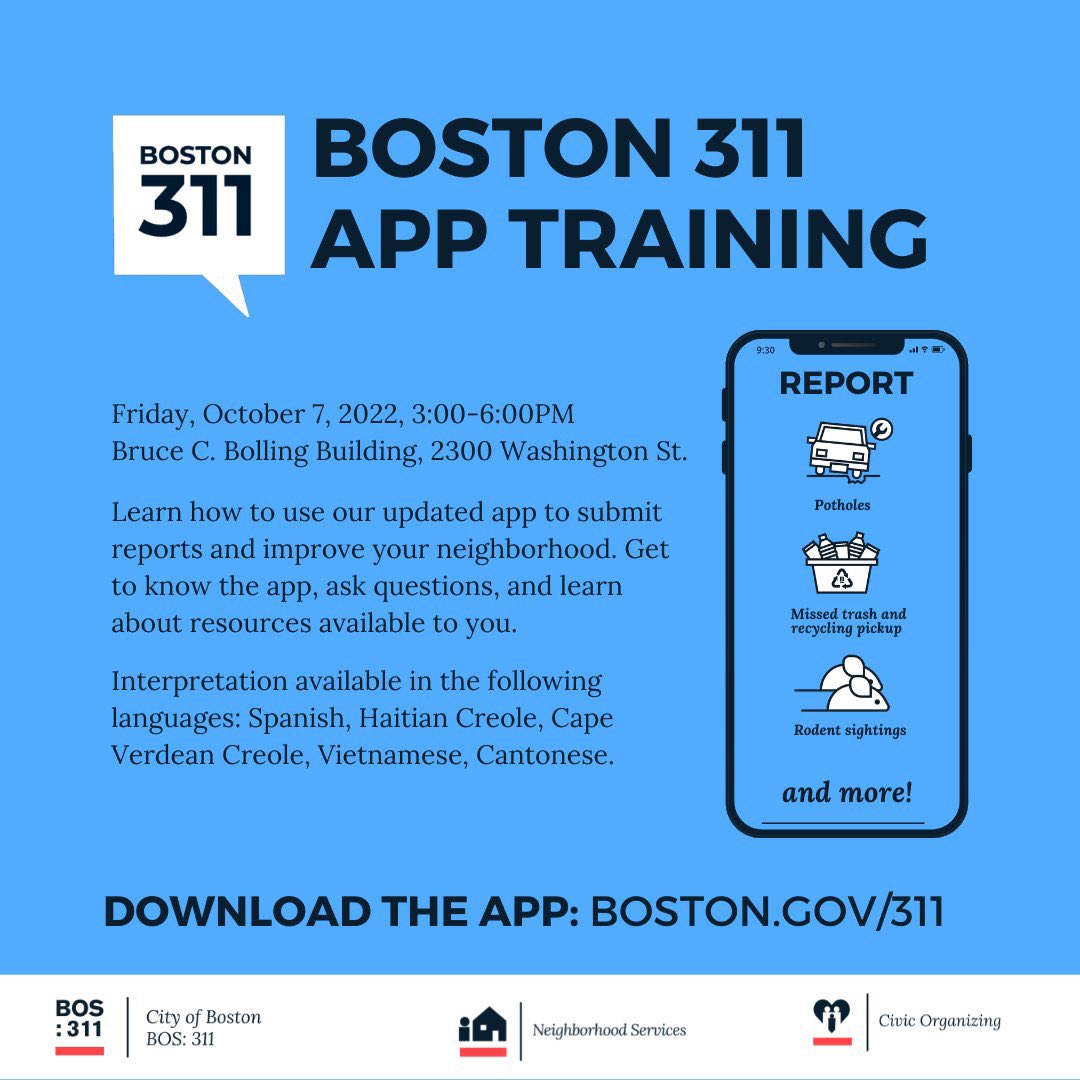 NorthEndONS's tweet photo. @BOS311 has a new app ‼️

Stop by for training this Friday to learn more: 

📍 Bolling Building, 2300 Washington St.
⌚ Friday October 7, 3-6PM
💬 Interpretation: Spanish, Haitian Creole, Cape Verdean Creole, Vietnamese, and Cantonese. 

https://t.co/0vvMkFFu9L #bos311 https://t.co/WBeo5AxtnL