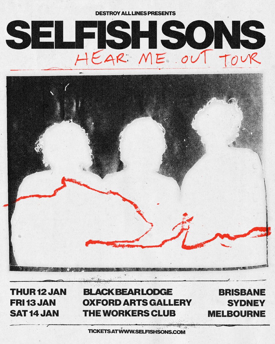 Absurdly excited to play some East Coast shows in Jan ❤️‍🔥 We’re pulling all the stops out for this one - Tix on sale now !! ❤️‍🔥

Tickets: campsite.bio/selfishsons

*all shows 18+ (sorry)*
