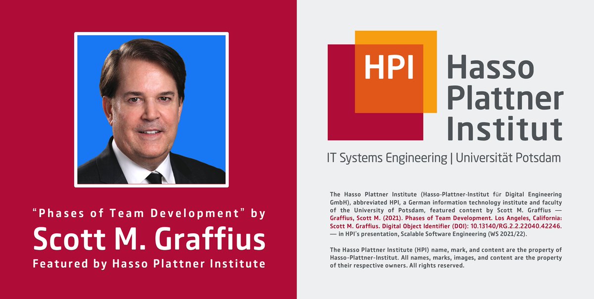 ScottGraffius's tweet photo. The Hasso Plattner Institute (@HPI_DE) featured my ‘Phases of Team Development’ in their presentation, Scalable Software Engineering. Read more at: https://t.co/JNe4UmKYF8.

#Engineering #DigitalEngineering #UniversitätPotsdam #ScalableSoftwareEngineering #SoftwareEngineering https://t.co/dzszVLM1yL