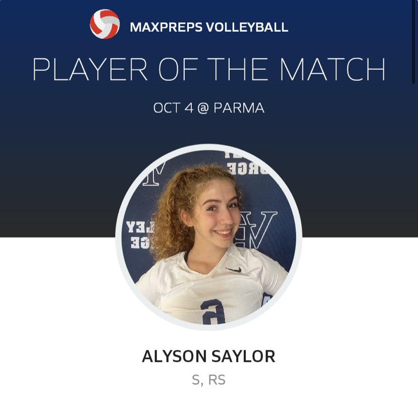 Congratulations to senior setter / outside Aly Saylor on player of the match! Aly had 9 kills, 18 assists, 1 ace, 1 block, 13 digs, and amazing leadership that won that game! Always proud of you Aly💙🤍