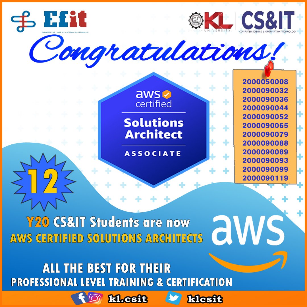 klcsit's tweet photo. Congratulations! 12 Students are now AWS Certified SOLUTIONS ARTICHETS from Y20 Batch. ALL THE BEST FOR THEIR PROFESSIONAL LEVEL TRAINING & CERTIFICATION
#klcsit #klu #AWS #Amazon #certificates #certification #CSIT #cs #kluniversity https://t.co/8x6I5y1AfI