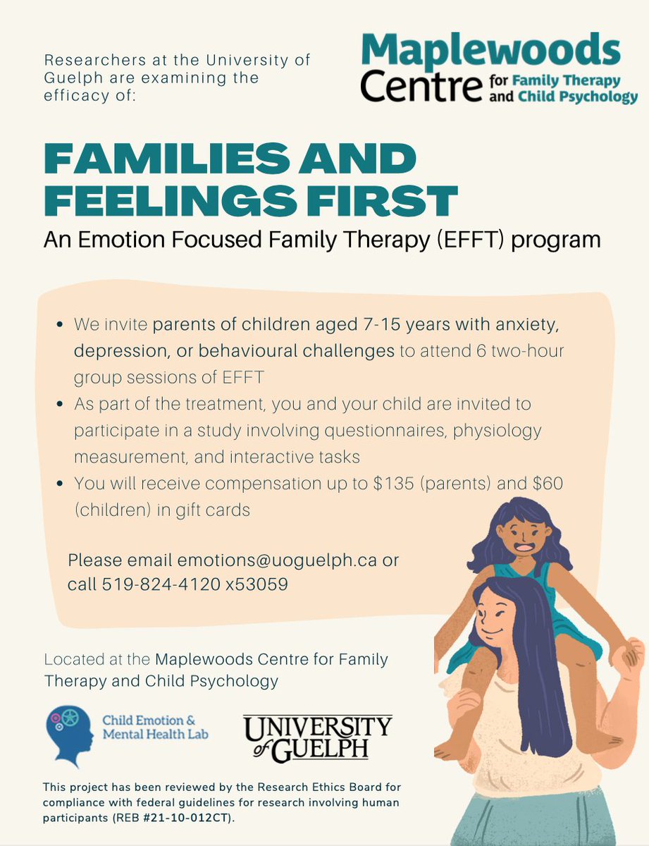 Do you have a child between 7-15 years old who struggles with anxiety, depression, or behavioural problems? 

🚨 The Child Emotion and Mental Health Lab @uog is recruiting for a study testing an Emotion Focused Family Therapy program, and you may be eligible to participate!🚨