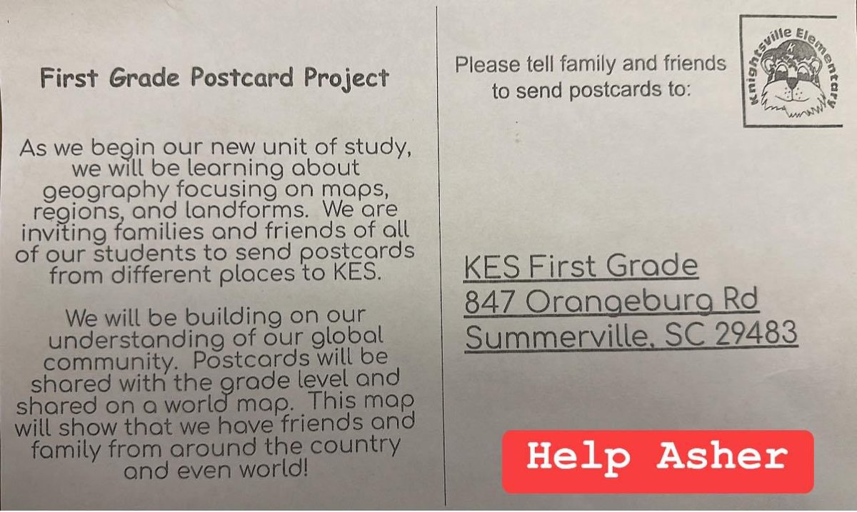 bobailey's tweet photo. @WaltDisneyWorld Asher’s class is dining a project and would love a postcard from you. Help them out. https://t.co/XHvUOWA4D4