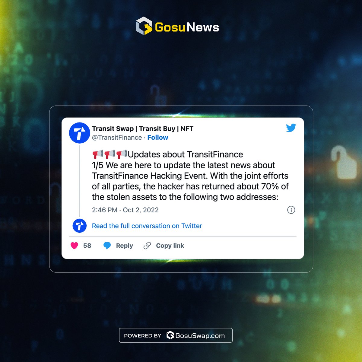 DEX aggregator lost the funds after a hacker exploited an internal bug on a swap contract last Oct. 1. 

Fortunately after their quick response,they have successfully returned the majority of their stolen funds together with a quick response from diff bc security companies.

#pfp