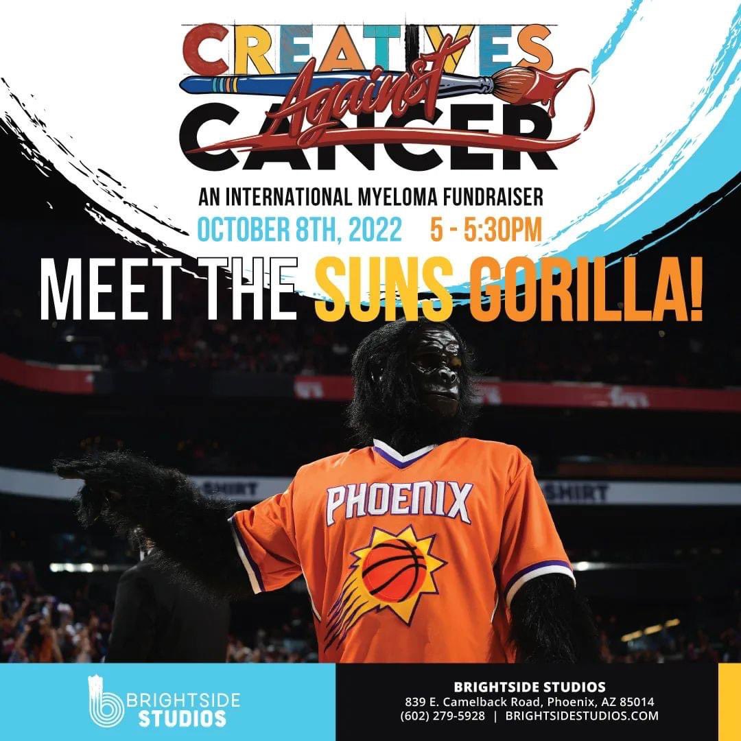 ArnieK's tweet photo. Come down to @BrightsideAZ on October 8th and meet the @suns Gorilla!
The @nba BEST mascot will join us to support #CreativesAgainstCancer and take photos - will you find the big guy?!
#BrightsideStudiosPHX #PhoenixSuns #CancerFundraiser #LocalArtists #ThingstodoinPhoenix https://t.co/VDYJ5evG4T