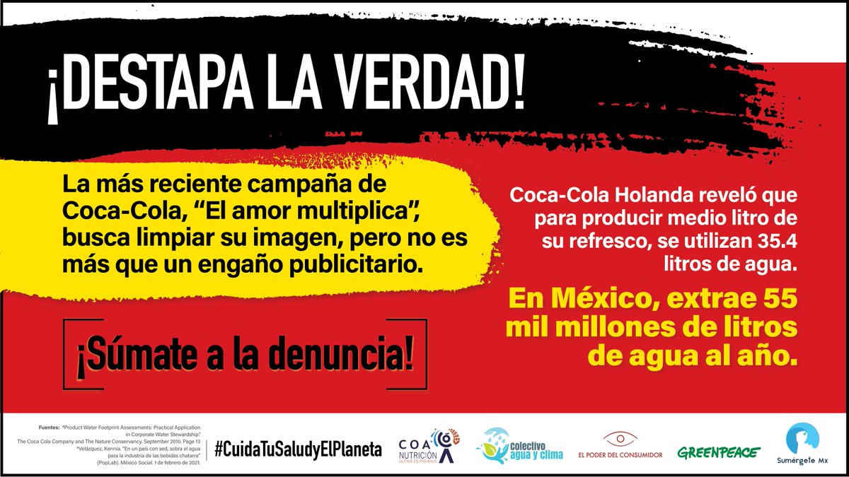 ¡Destapemos la verdad!

⚠️💧 Coca-Cola dice cuidar el agua, mientras explota más de 55 mil millones de litros de agua al año en los 32 estados de México 😱.

📢 Denuncia aquí por #PublicidadEngañosa ➡️ elpoderdelconsumidor.org/denuncia/