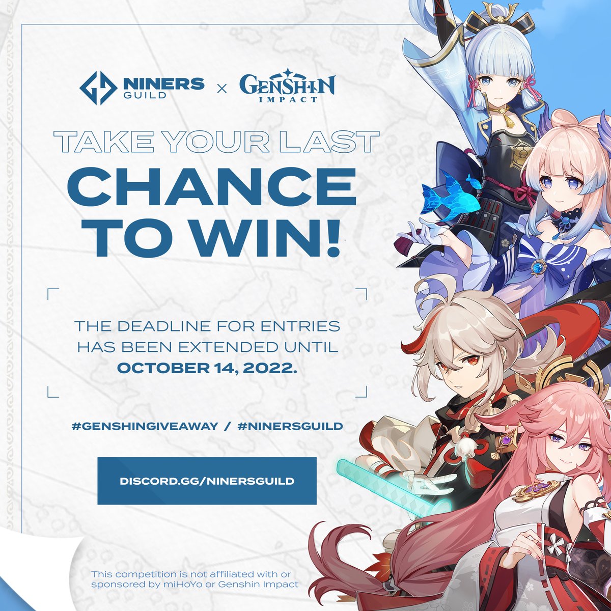 NinersGuild's tweet photo. Hey Travelers! We're extending our Genshin Impact giveaway until October 14, 2022 (9AM).

Mechanics:
✅Join the Discord server - https://t.co/2hhe3WtJ6W
✅Submit this Google Form - https://t.co/73mFfbioei
✅Send "Done" to the #general-chat channel

#genshingiveaway #genshintwt https://t.co/sIxZM8WpDw