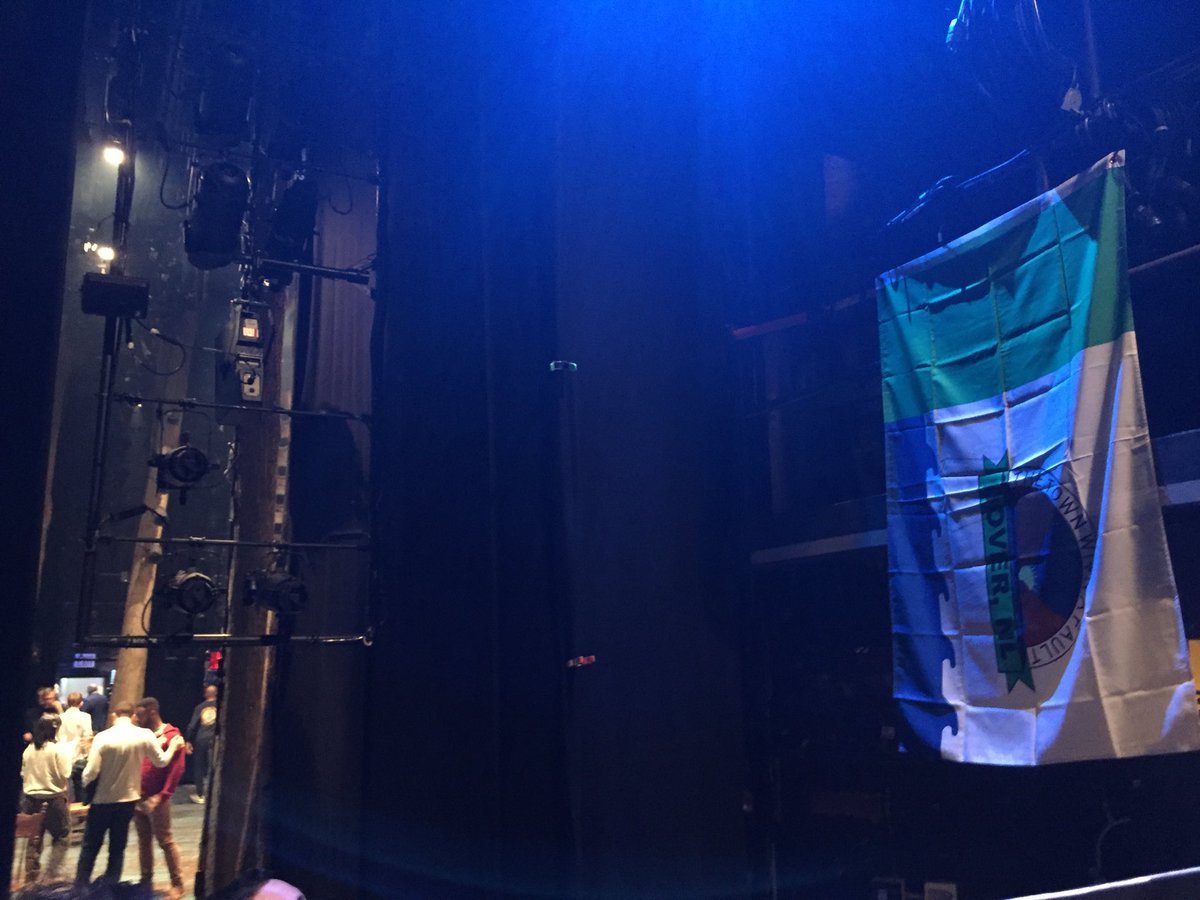 SankoffandHein's tweet photo. Needed to share this story: Some of you know that backstage, we had the flags for every Newfoundland town mentioned in the script (a few places even had to invent a flag to send us). Anyway, as we were closing, our entire company signed them to be sent back to the towns… 🧵 https://t.co/0EgByAuOYr