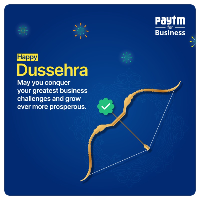 PaytmBusiness's tweet photo. It's time to celebrate the victory of good over evil. With courage, grit and the right tools, even the greatest business challenges can be conquered. Here's wishing you success, prosperity and a very happy Dussehra!

#HappyDussehra #Celebration #Payments #Business https://t.co/X2AlnwwVyK