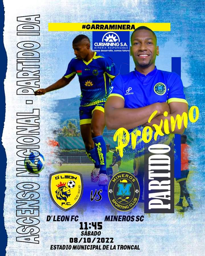 MinerosSC's tweet photo. ¡ SEÑORAS Y SEÑORES, NOS VEMOS EN LA TRONCAL !
Se viene #DLEONFC
#DLeonFC
🆚
#MinerosSportingClub
⏰ Sábado 08 de Octubre
⏱11:45
🏟 ESTADIO MUNICIPAL DE LA TRONCAL
📋 #AscensoNacional #PlayOff #8avos #PartidoIda
#GarraMinera🔵🟡
Presentado por @CURIMINING_SA https://t.co/SEc7VVrglO