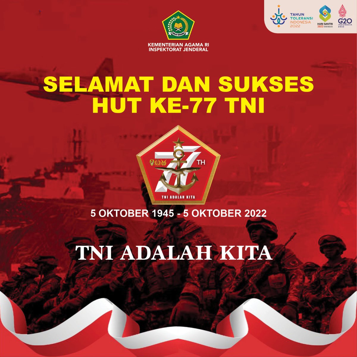 Sobat Itjen…
Tentara Nasional Indonesia (TNI) pertama kali dibentuk tepat pada hari ini, tepat 77 tahun lalu. Terima kasih atas dedikasi yang diberikan untuk mengayomi Ibu Pertiwi.
DIRGAHAYU TNI, 5 Oktober 1945 – 5 Oktober 2022

TNI ADALAH KITA

#DIRGAHAYUTNI
#TNI