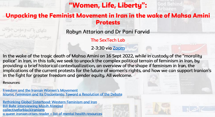 The SexTech Lab presents an online public talk - “Women, Life, Liberty”: Unpacking the #Feminist Movement in #Iran in the wake of #Mahsa #Amini  Protests (email sextechlab@newschool.edu to RSVP 
 for zoom link) <a href="/TheNewSchool/">The New School</a>