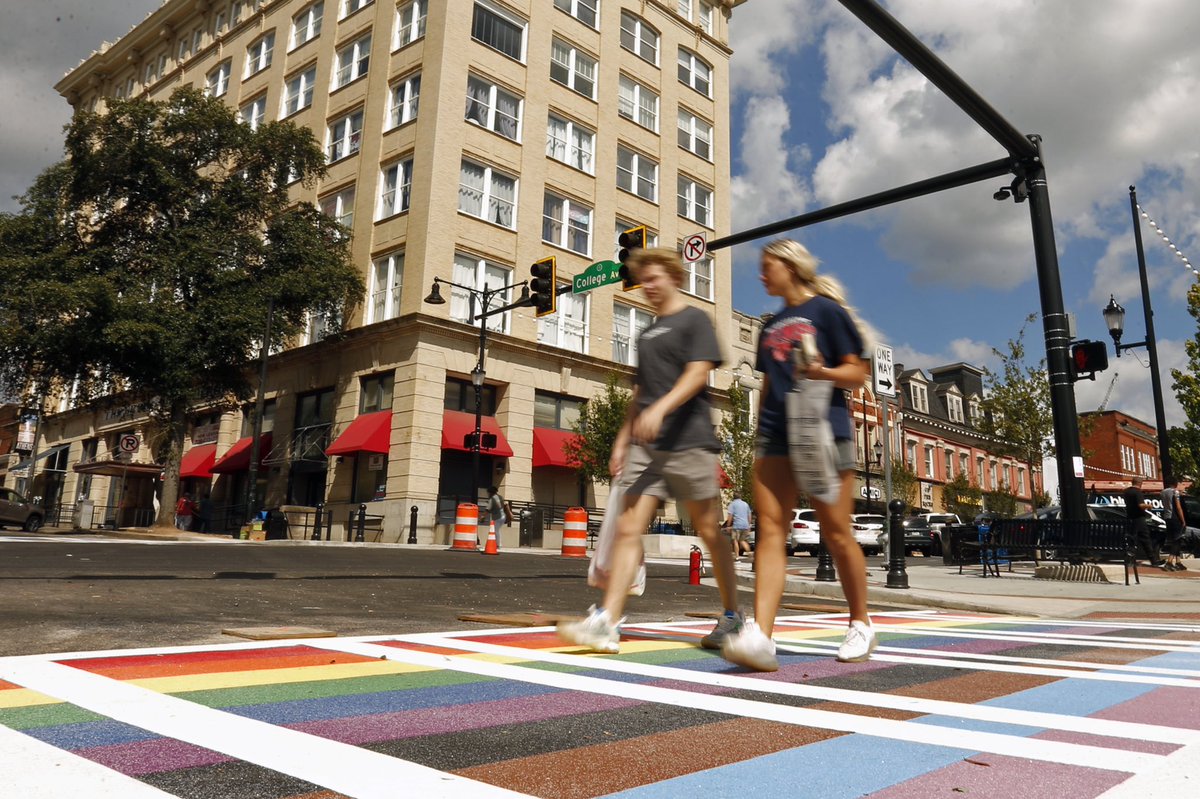 _joshljones's tweet image. Rainbow crosswalks were installed at the intersection of East Clayton Street and College Avenue in downtown Athens, Ga., on Tuesday. A dedication will be held on Oct. 11th at 11 a.m. read more about this @onlineathens