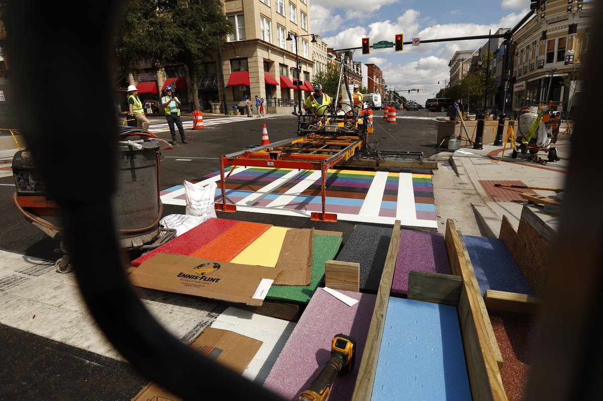 _joshljones's tweet image. Rainbow crosswalks were installed at the intersection of East Clayton Street and College Avenue in downtown Athens, Ga., on Tuesday. A dedication will be held on Oct. 11th at 11 a.m. read more about this @onlineathens