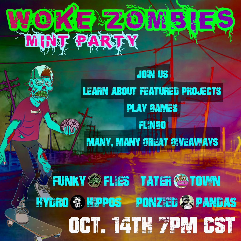 Snacks86's tweet photo. October is spooky season and the @WokeZombies fam wants to party!! Mint party!! We got Flies, Taters, Pandas and Hippos joining the horde to tell us about their amazing projects! Giveaways and Games and More!! @funky_flies @PonziedPandas @Tatertownnfts @HydroHippos #NFTCommunity https://t.co/cjCZBINYjv