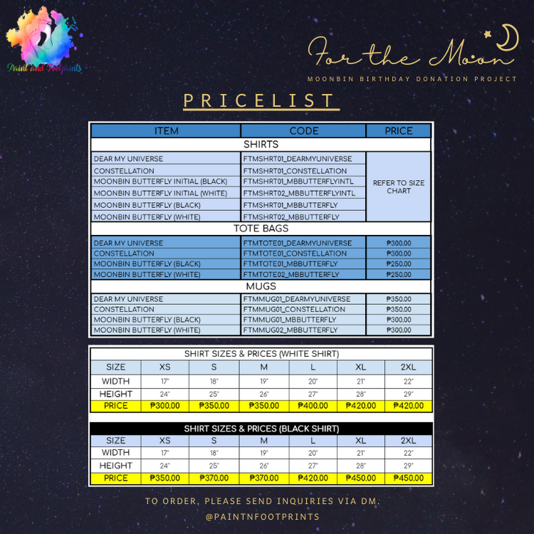 paintnfootprint's tweet photo. Updating the pricelist for this collection. I also indicated sizes for the shirt. Thank you very much. Hoping that everyone would support this little donation project for Moonbin. ♥
#MOONBIN #문빈 #PaintandFootprints #ForTheMoon https://t.co/uHiPRihQcX