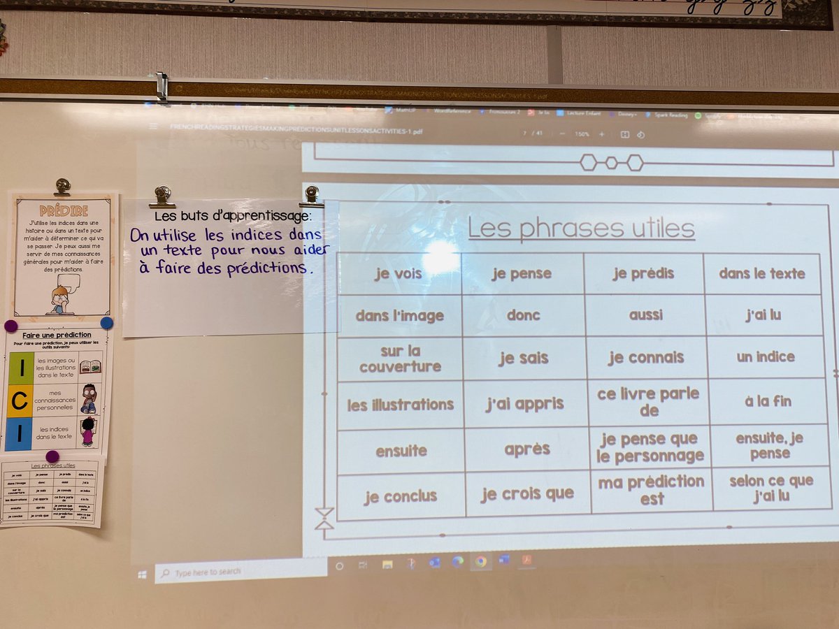 mlle_fsl's tweet photo. On fait des prédictions en utilisant les images, les connaissances personnelles, et les indices dans le texte. 📖 Ss made predictions using clues &amp; useful words/ phrases to share their thinking with a partner. #french #PredictionPros #literacy @BHNFrench https://t.co/hawWqeJVcI